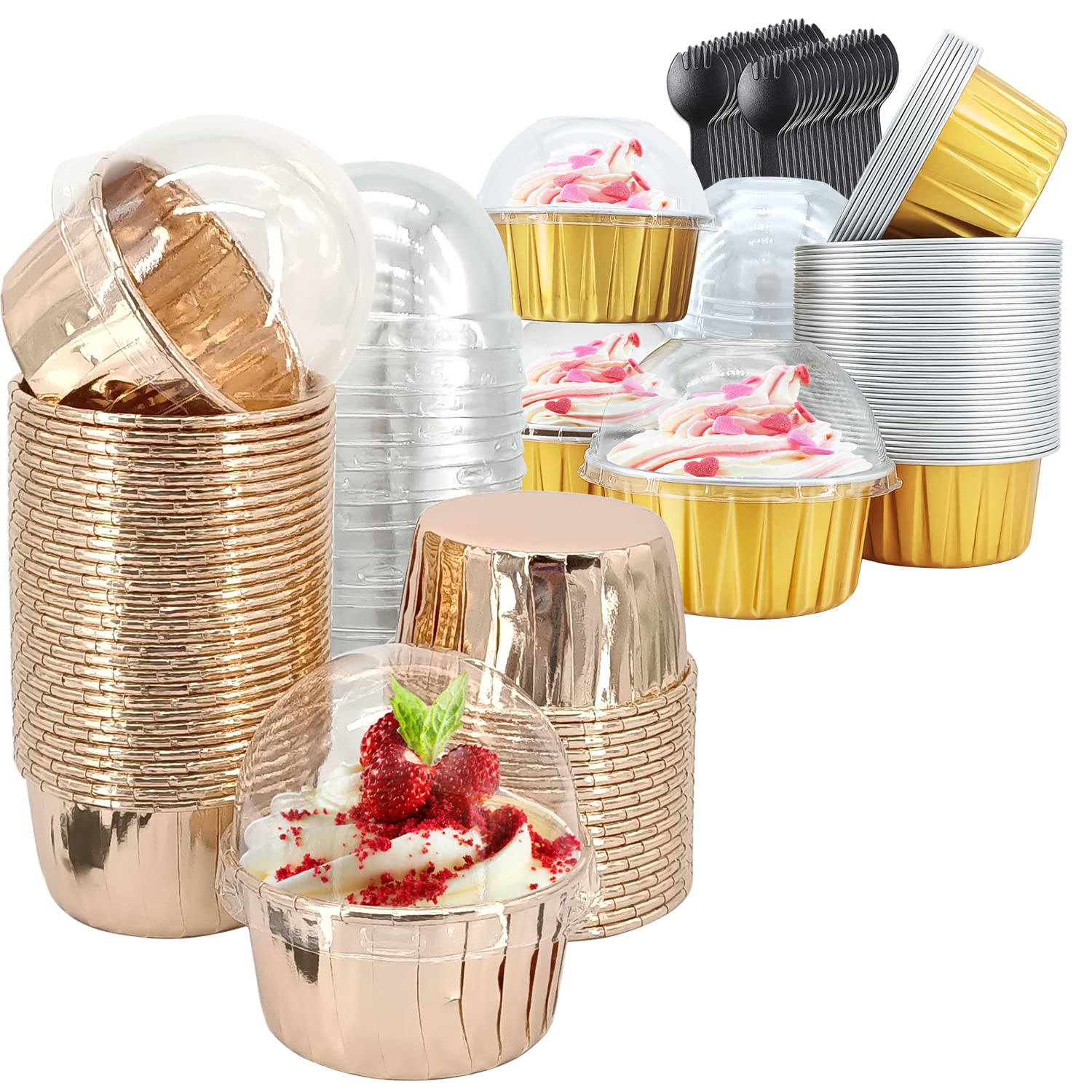 50Pack Foil Cupcake Liners With Lids And 50Pack Large Muffin Cups With Dome Lids