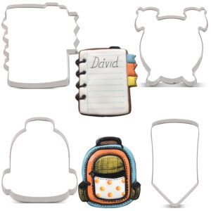 LILIAO Cookie Cutters Back to School Cookie Cutter Set - 4 Pieces - School Bag, Alarm Clock, Note Book and Pencil/Crayon Fondant Biscuit Cutters - Stainless Steel