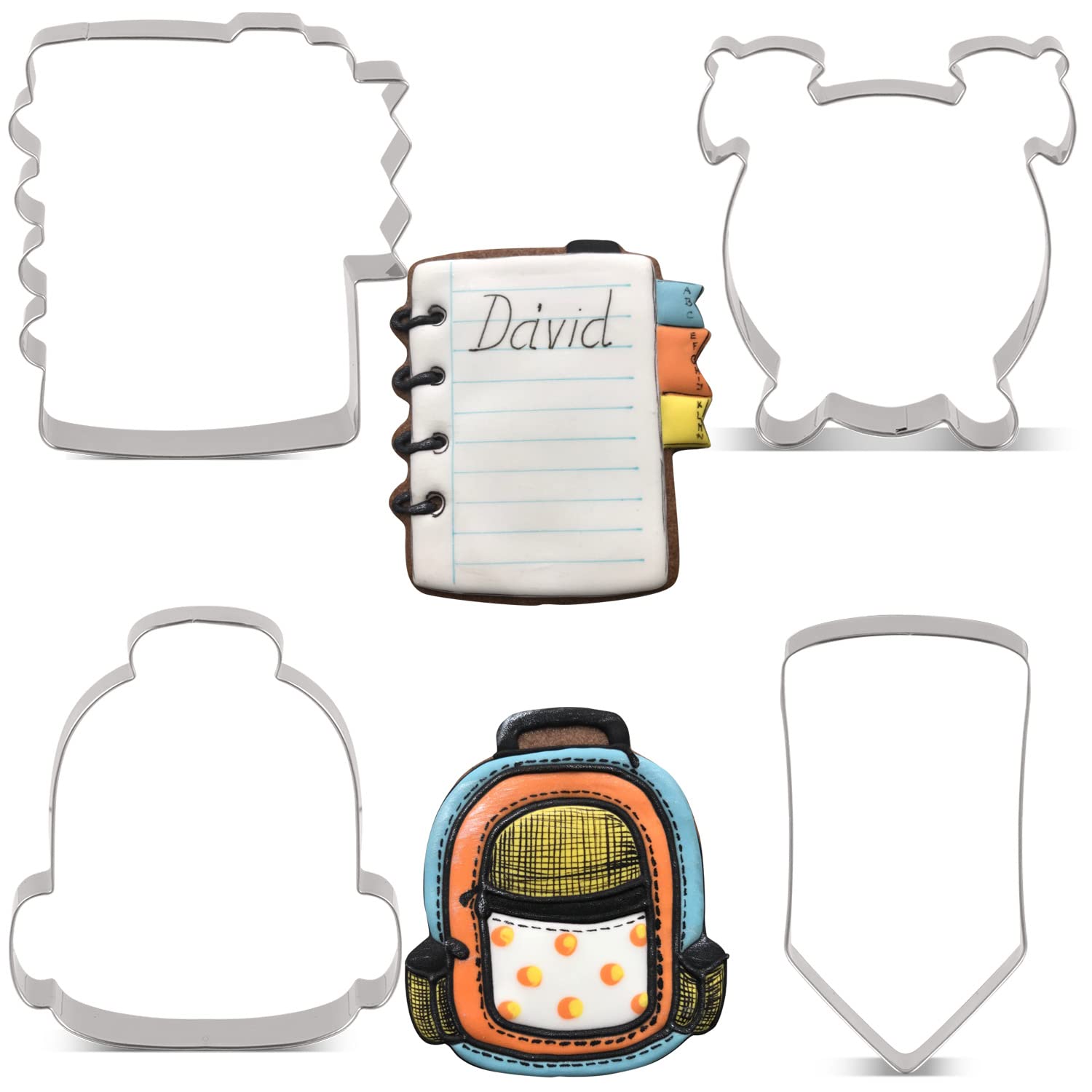 LILIAO Cookie Cutters Back to School Cookie Cutter Set - 4 Pieces - School Bag, Alarm Clock, Note Book and Pencil/Crayon Fondant Biscuit Cutters - Stainless Steel