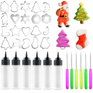 artcome 40pcs christmas cookie decorating tool set, 28pcs cookie cutters, 6pcs easy squeeze write bottles and 6pcs sugar stir needles, cookie decorating supplies kit for diy cookies and cakes