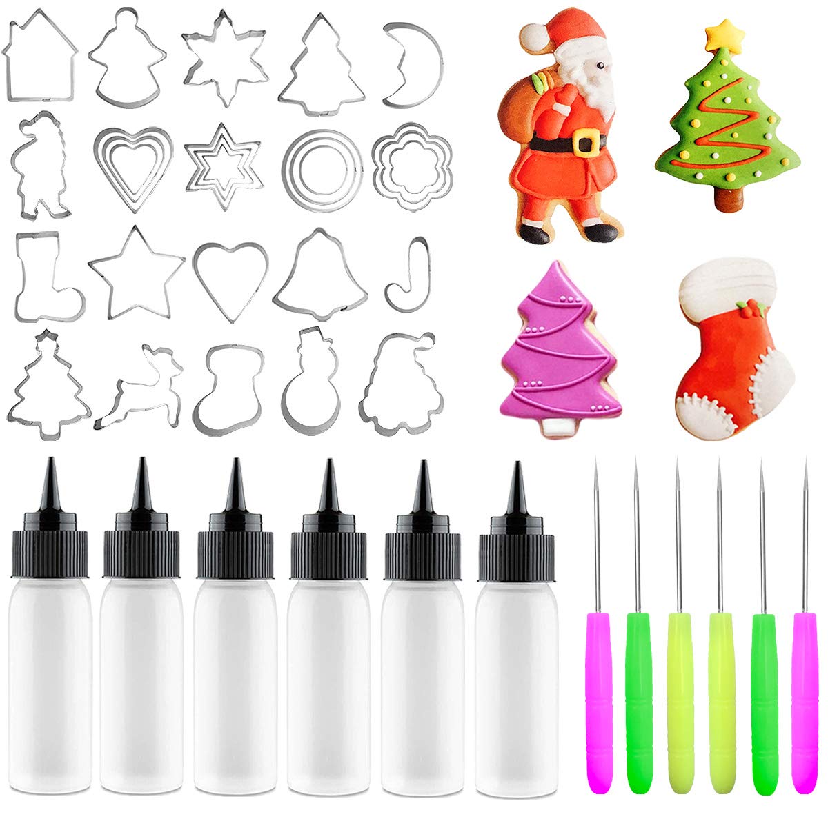 Artcome 40Pcs Christmas Cookie Decorating Tool Set, 28Pcs Cookie Cutters, 6Pcs Easy Squeeze Write Bottles and 6Pcs Sugar Stir Needles, Cookie Decorating Supplies Kit For DIY Cookies and Cakes