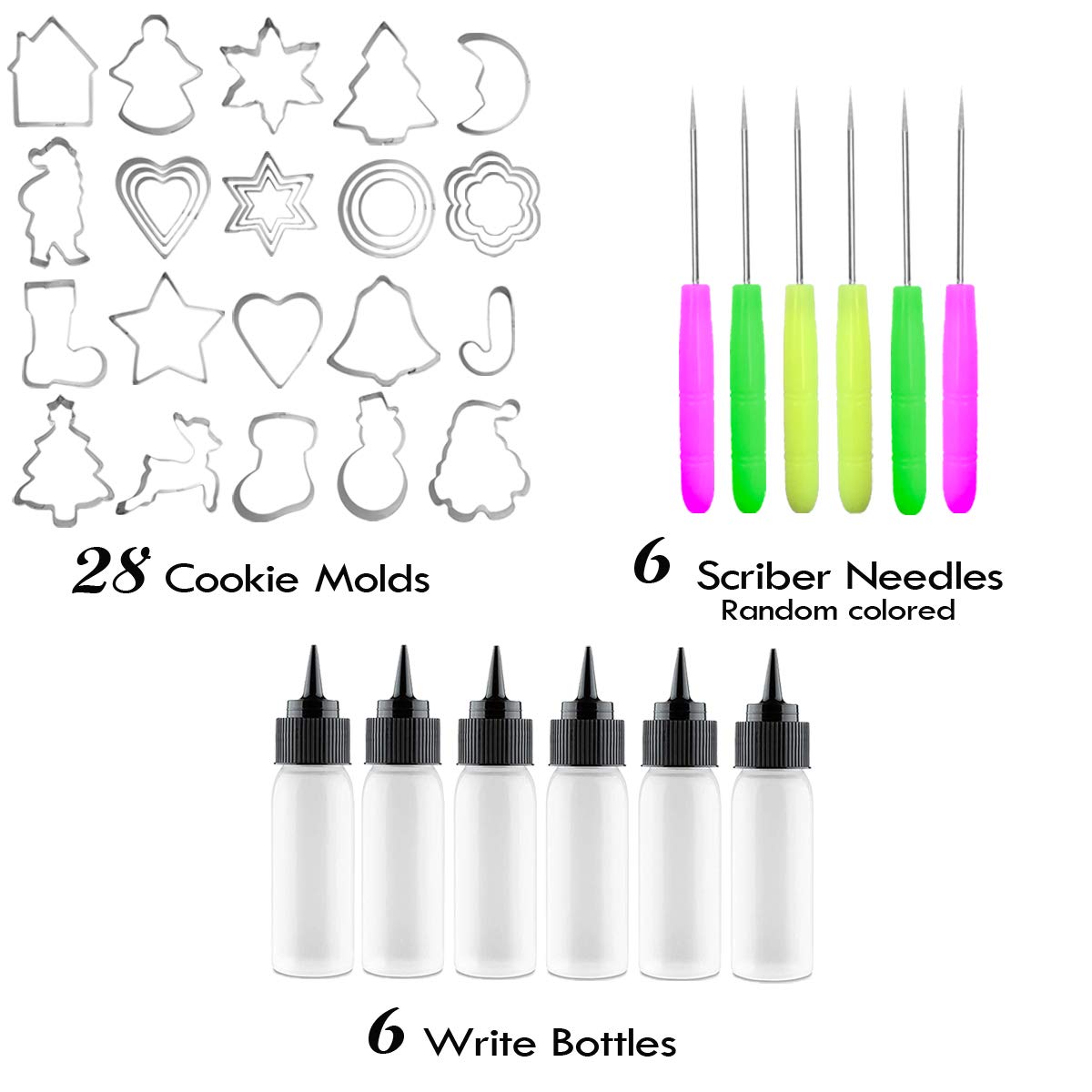 Artcome 40Pcs Christmas Cookie Decorating Tool Set, 28Pcs Cookie Cutters, 6Pcs Easy Squeeze Write Bottles and 6Pcs Sugar Stir Needles, Cookie Decorating Supplies Kit For DIY Cookies and Cakes