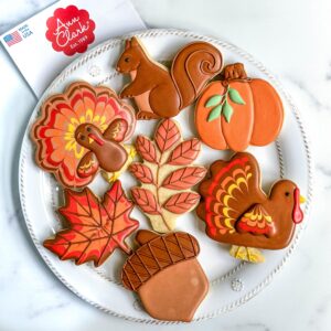 fall and thanksgiving cookie cutters set 7-pc. made in the usa by ann clark, pumpkin, maple leaf, turkey, squirrel, acorn