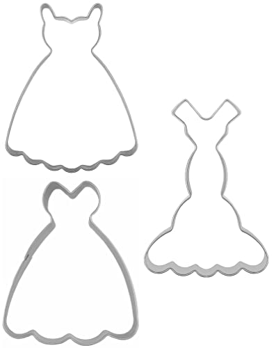 Large Size Dress Shaped Cookie Cutters Set of 3 pcs, Stainless Steel Fondant Cutters: Sleeveless Mermaid Dress 4.7 in 1 pc + Strapless Princess Dress 4.3 in 1 pc + Suspenders Wedding Dress 4.4 in 1 pc