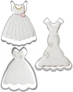 large size dress shaped cookie cutters set of 3 pcs, stainless steel fondant cutters: sleeveless mermaid dress 4.7 in 1 pc + strapless princess dress 4.3 in 1 pc + suspenders wedding dress 4.4 in 1 pc