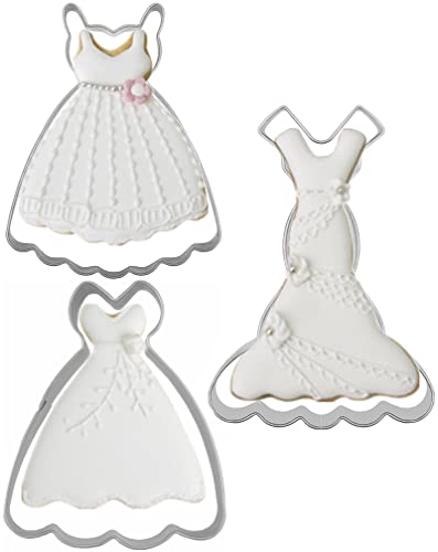 Large Size Dress Shaped Cookie Cutters Set of 3 pcs, Stainless Steel Fondant Cutters: Sleeveless Mermaid Dress 4.7 in 1 pc + Strapless Princess Dress 4.3 in 1 pc + Suspenders Wedding Dress 4.4 in 1 pc