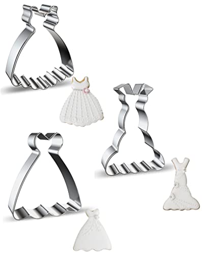 Large Size Dress Shaped Cookie Cutters Set of 3 pcs, Stainless Steel Fondant Cutters: Sleeveless Mermaid Dress 4.7 in 1 pc + Strapless Princess Dress 4.3 in 1 pc + Suspenders Wedding Dress 4.4 in 1 pc