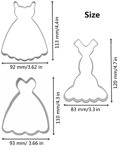 Large Size Dress Shaped Cookie Cutters Set of 3 pcs, Stainless Steel Fondant Cutters: Sleeveless Mermaid Dress 4.7 in 1 pc + Strapless Princess Dress 4.3 in 1 pc + Suspenders Wedding Dress 4.4 in 1 pc