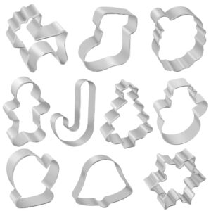 Christmas Cookie Cutters, 10 pieces Large Metal Cookie Cutters Shape - Gingerbread Man, Snowflake, Snowman, Christmas Tree, Bell, Reindeer & More for Holiday, Stainless Steel