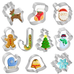 Christmas Cookie Cutters, 10 pieces Large Metal Cookie Cutters Shape - Gingerbread Man, Snowflake, Snowman, Christmas Tree, Bell, Reindeer & More for Holiday, Stainless Steel