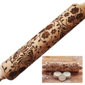 cosybeau embossed rolling pins for christmas baking, 17 inch large wooden roller pin with designs pattern, best gift for wedding, holiday, mother, friends (lotus)