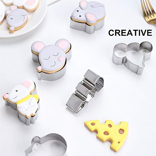 Cute Mouse Shaped Cookie Cutters Set of 7 pcs, Stainless Steel Mice Head Rat Cheese Series Fondant Cut-outs Set Baking DIY Molds