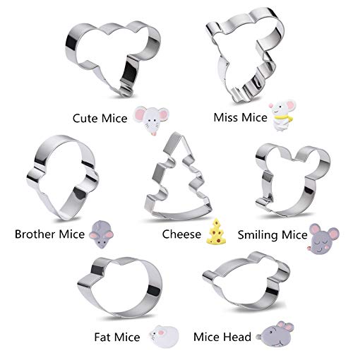 Cute Mouse Shaped Cookie Cutters Set of 7 pcs, Stainless Steel Mice Head Rat Cheese Series Fondant Cut-outs Set Baking DIY Molds