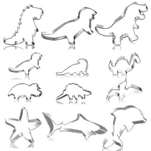 12 pcs cookie cutters, bosoirsou 6 pcs 3" and 6 pcs 1.5" dinosaur sea creature shape stainless steel biscuit metal molds for kitchen baking cake candy bread