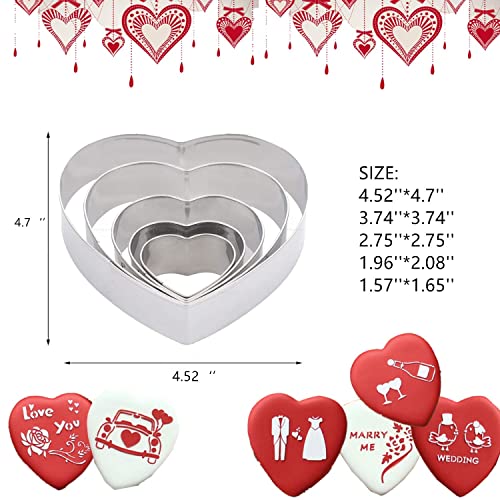 5 Pieces Heart Cookie Cutter 3.95", 3.35", 2.75", 2.36",1.37" Valentine’s Day Cookie Cutters for Baking and Decorating Anniversary, Bridal, Engagement and Valentine