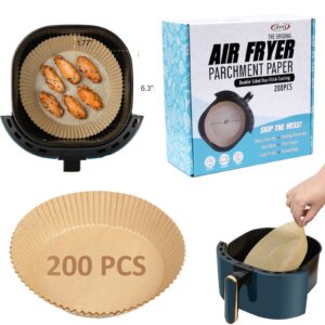 air fryer disposable paper liner, 200pcs non-stick paper for air fryer oil-proof, water-proof, natural food grade parchment paper for baking roasting microwave (size – 6.3in)