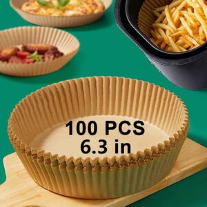 100 Pcs Air Fryer Disposable Paper Liners, Round Air Fryer Paper Liners, Natural Parchment, Nonstick, Oil Resistant, Food Grade Paper Liners for Baking Baking Microwaves (6.3")