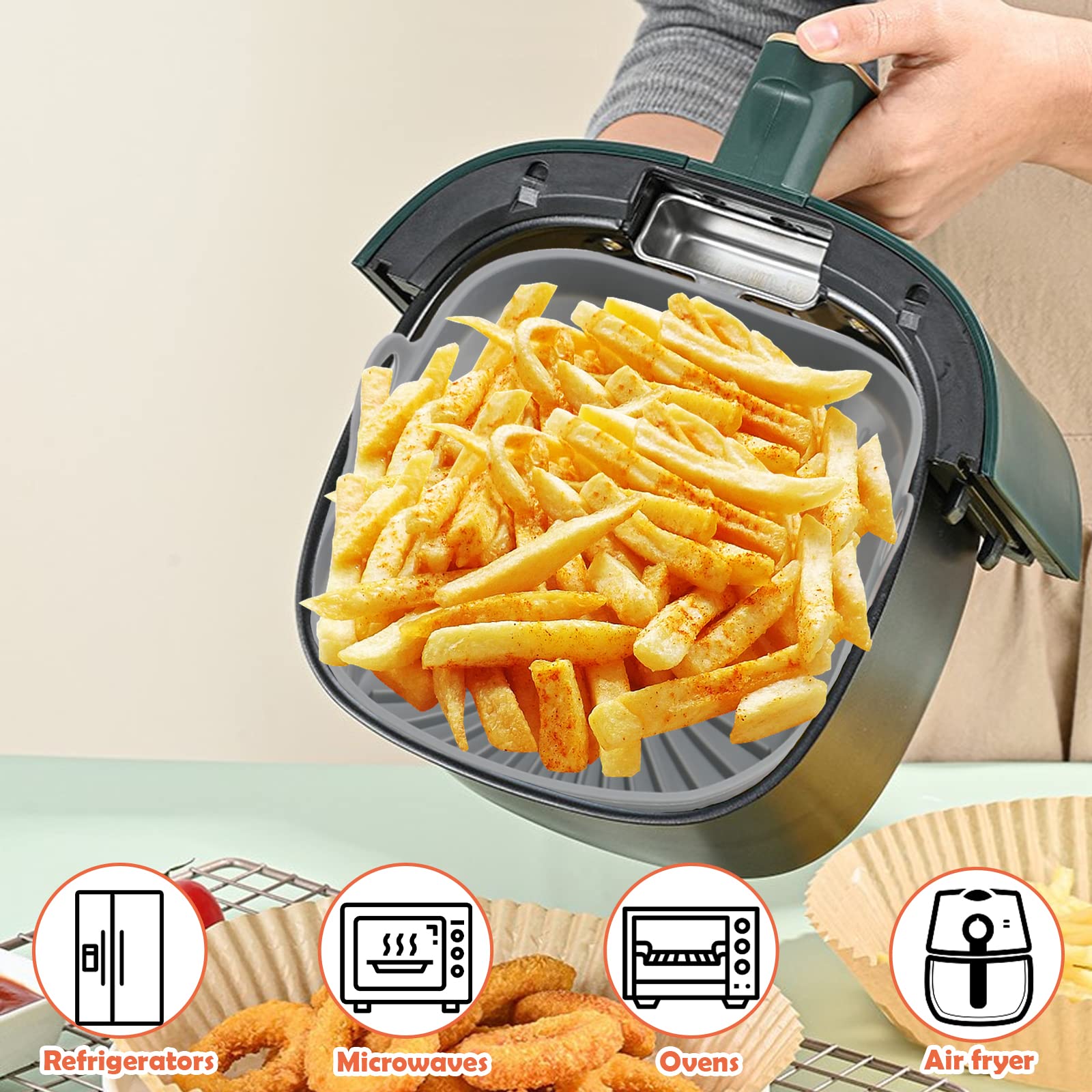 2Pcs Air Fryer Silicone Pot Square Foldable Air Fryer Silicone Liners 8inch Reusable Basket Liner Air fryer Oven Accessories (Gray and Orange)