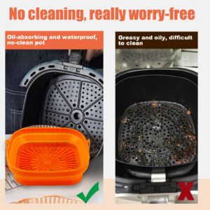 2Pcs Air Fryer Silicone Pot Square Foldable Air Fryer Silicone Liners 8inch Reusable Basket Liner Air fryer Oven Accessories (Gray and Orange)