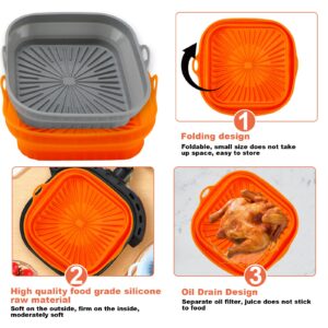 2Pcs Air Fryer Silicone Pot Square Foldable Air Fryer Silicone Liners 8inch Reusable Basket Liner Air fryer Oven Accessories (Gray and Orange)