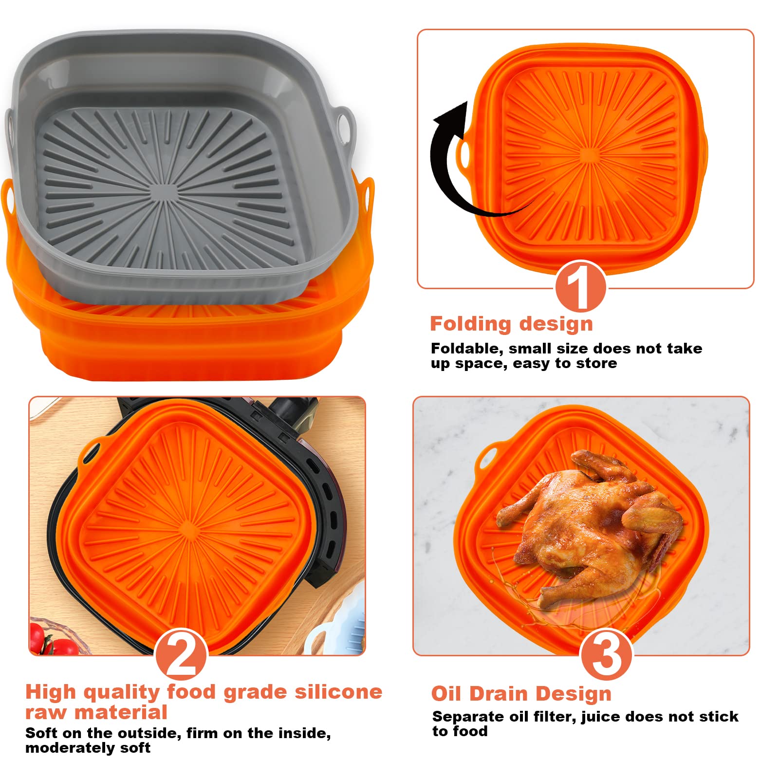 2Pcs Air Fryer Silicone Pot Square Foldable Air Fryer Silicone Liners 8inch Reusable Basket Liner Air fryer Oven Accessories (Gray and Orange)