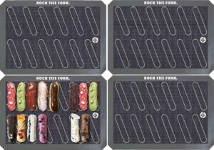 rock the fork - baking mats - eclair template (4-pack) non-stick silicone. these eclair mats are designed for style & function. 11 5/8" x 16 1/2" size.