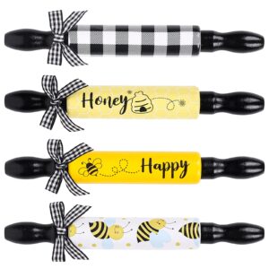 whaline 4pcs honey bee mini rolling pins bee tiered tray decor with bow black yellow home kitchen wooden farmhouse bee happy decoration table centerpiece for shelf mantelpiece