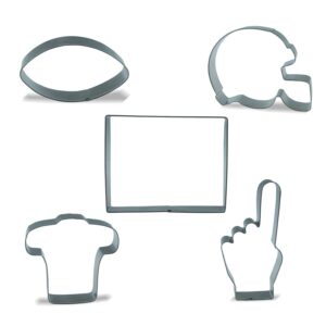 keewah football cookie cutter set - football, football helmet, football field, t-shirt, foam finger - 5 piece - stainless steel