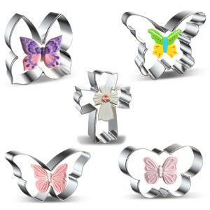 butterfly cookie cutter set - 5 pieces stainless steel cookie cutters shapes with cross, butterfly/moth cookie cutter biscuit sandwich chocolate fondant cake mold mould baking tool