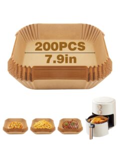 200 pcs air fryer liners – 7.9 in square non-stick air fryer disposable paper liner, unbleached oil-proof airfryer liners, natural air fryer parchment paper liners for fryers frying pan microwave oven