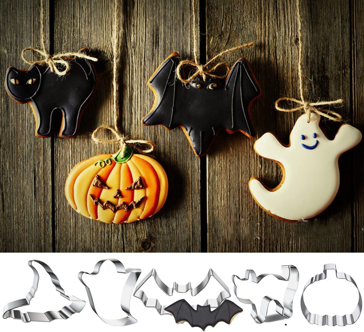 Halloween Cookie Cutters Set- 5 Pieces Stainless Steel Baking Cutter Molds Pumpkin, Ghost, Witch's Hat, Bat, Cat Cookie Cutters Holiday Decorative Party Supplies