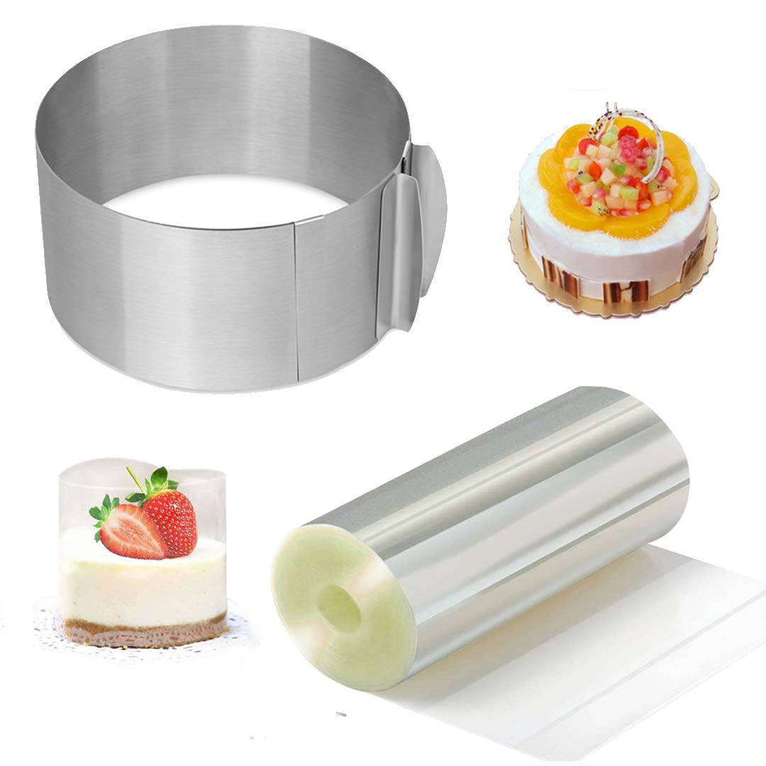 HMIN Adjustable Cake Mold Mousse Ring and Cake Collar, Heavy Duty 6-12 Inch Round Cake Ring Mold Mouse Cake Mold Cake Ring and Acetate Roll