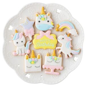 mini fantasy horse cookie biscuit fondant cake mold - set of 16 - 8pcs cookie cutter and 8pcs cookie stencils, include horse head, horse, plaque frame, magic wand and rainbow