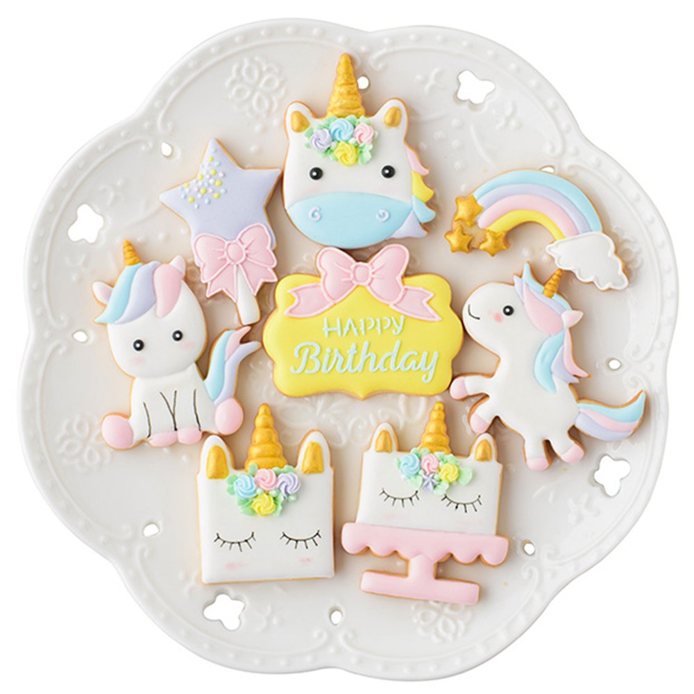 Mini Fantasy Horse Cookie Biscuit Fondant Cake Mold - Set of 16 - 8Pcs Cookie Cutter and 8Pcs Cookie Stencils, Include Horse Head, Horse, Plaque Frame, Magic Wand and Rainbow