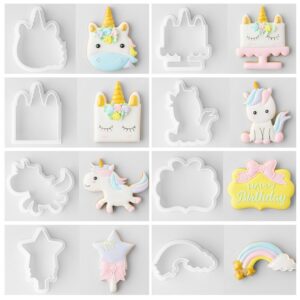 Mini Fantasy Horse Cookie Biscuit Fondant Cake Mold - Set of 16 - 8Pcs Cookie Cutter and 8Pcs Cookie Stencils, Include Horse Head, Horse, Plaque Frame, Magic Wand and Rainbow