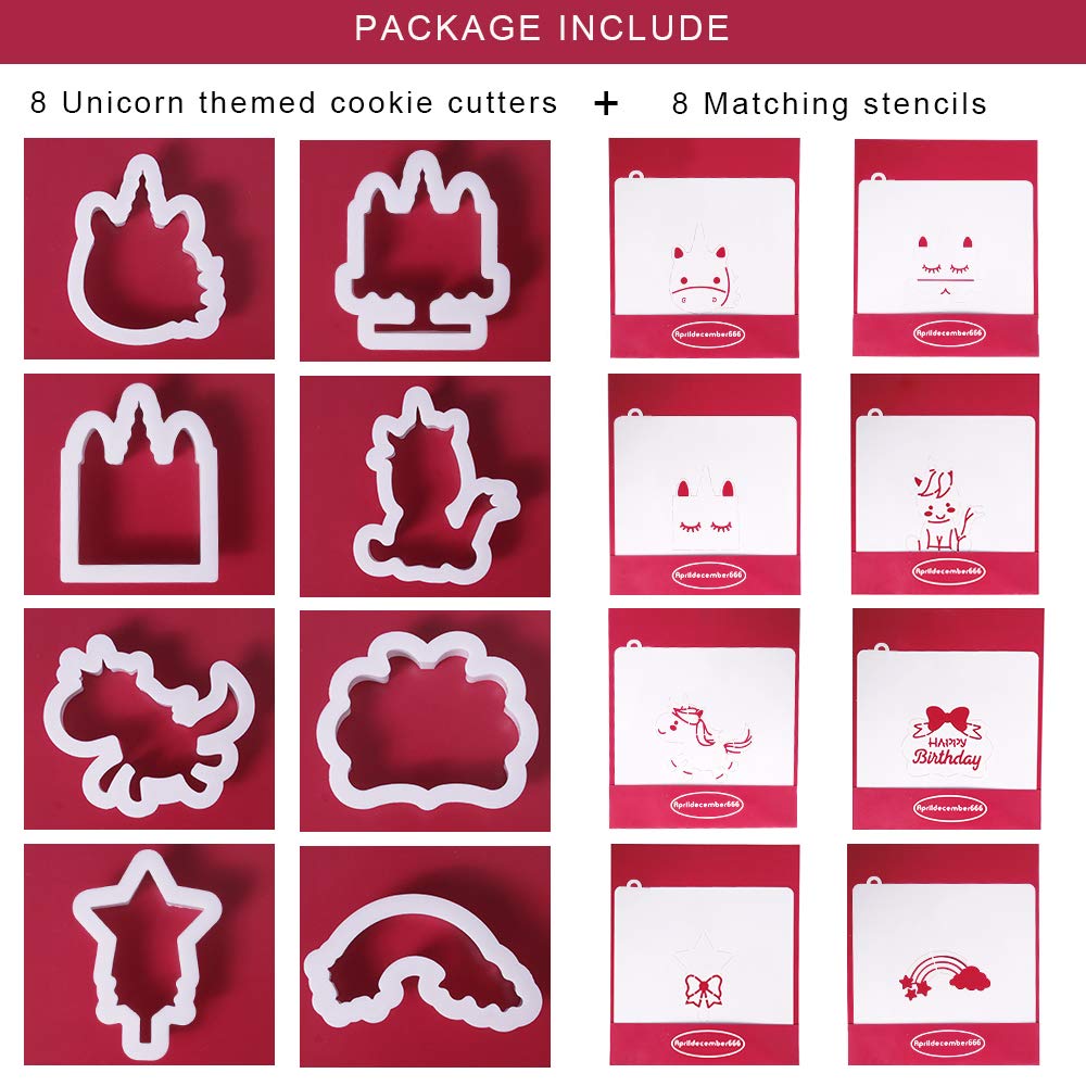 Mini Fantasy Horse Cookie Biscuit Fondant Cake Mold - Set of 16 - 8Pcs Cookie Cutter and 8Pcs Cookie Stencils, Include Horse Head, Horse, Plaque Frame, Magic Wand and Rainbow