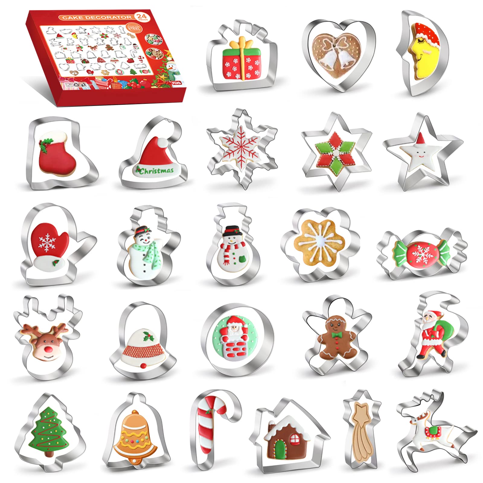 24PCS Christmas Cookie Cutter Set, Stainless Steel Xmas Biscuit Cutter Mold, DIY Baking Pastry Tool Small Biscuit Mold, Snowman Christmas Tree Gingerbread Man Snowflake Candy & More Shapes for Baking