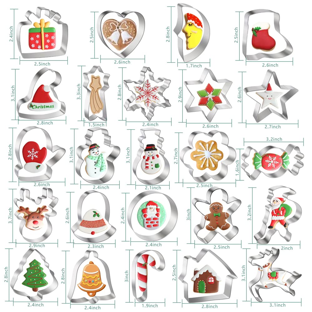 24PCS Christmas Cookie Cutter Set, Stainless Steel Xmas Biscuit Cutter Mold, DIY Baking Pastry Tool Small Biscuit Mold, Snowman Christmas Tree Gingerbread Man Snowflake Candy & More Shapes for Baking