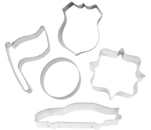 hwy route 66 cookie cutter 5 piece set from the cookie cutter shop - circle wheel/tire, flag, route 66 sign, square plaque, race car cookie cutters – tin plated steel cookie cutters
