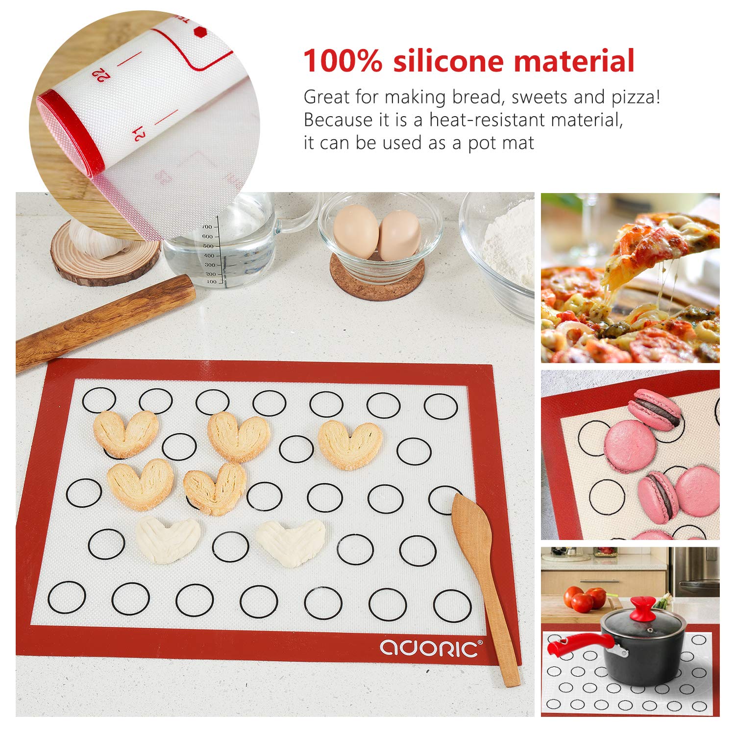 Silicone Pastry Mat 16x24 with Measurements，2 Pack Non-Stick Baking Mat Non-slip Dough Rolling Mat, Reusable Silicone Counter Mat for Making Cookies,Macarons,Bread and Pastry