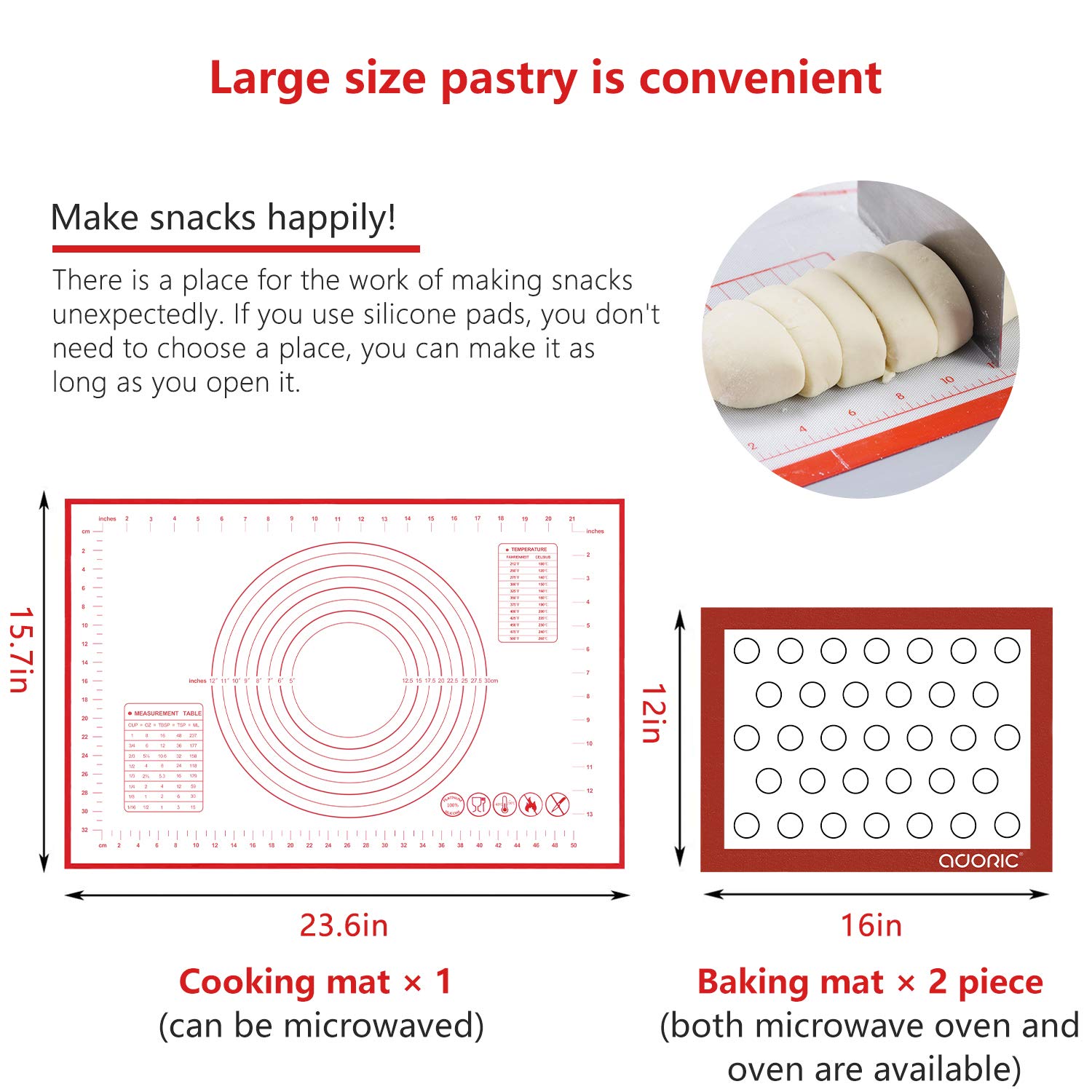 Silicone Pastry Mat 16x24 with Measurements，2 Pack Non-Stick Baking Mat Non-slip Dough Rolling Mat, Reusable Silicone Counter Mat for Making Cookies,Macarons,Bread and Pastry