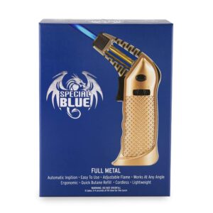 special blue full metal butane torch (gold) - refillable flame lighter- culinary torch - welding torch - adjustable dual flame for desserts, creme brulee, bbq and baking