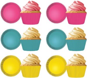 made in usa pack of 144 thick grease resistant fluted cupcake liners (bright pink, teal & yellow)
