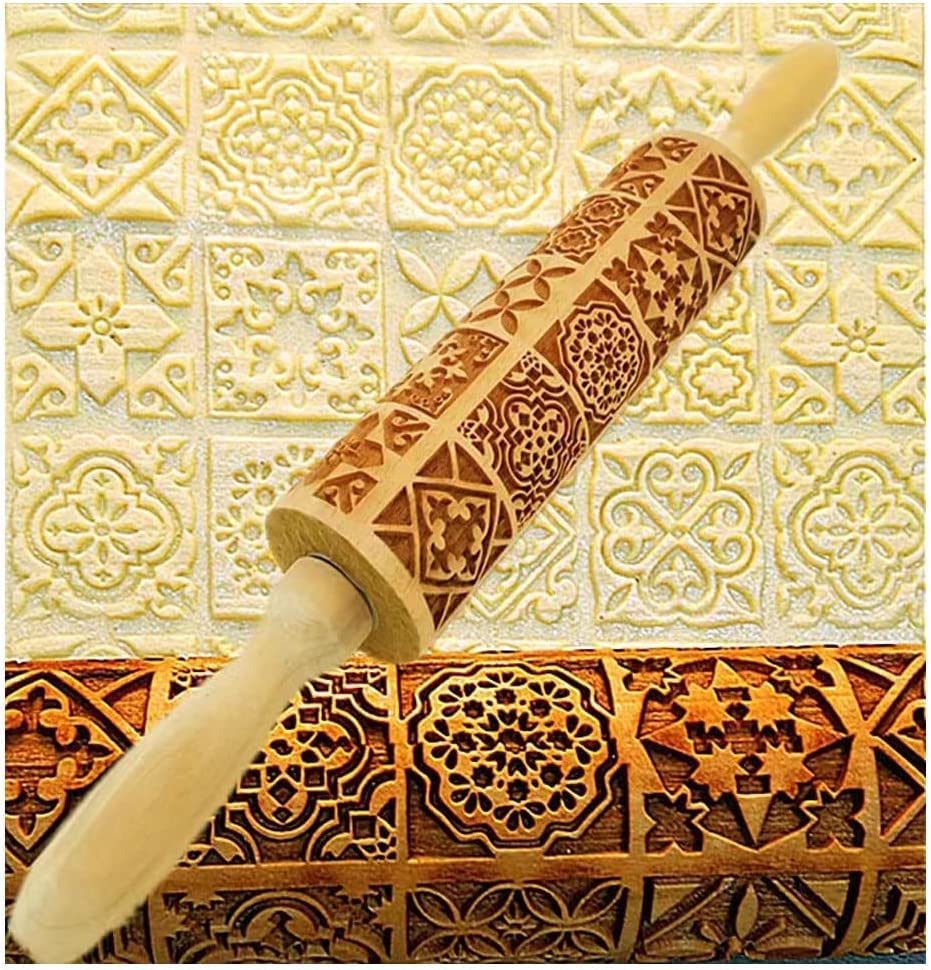 Embossing Rolling Pin,Rolling Pins for Baking,Christmas Wooden Rolling Pin, Deep Engraved Embossing Rolling Pin Kitchen Decor Tools for Baking Embossed Cookies (Window Grilles)