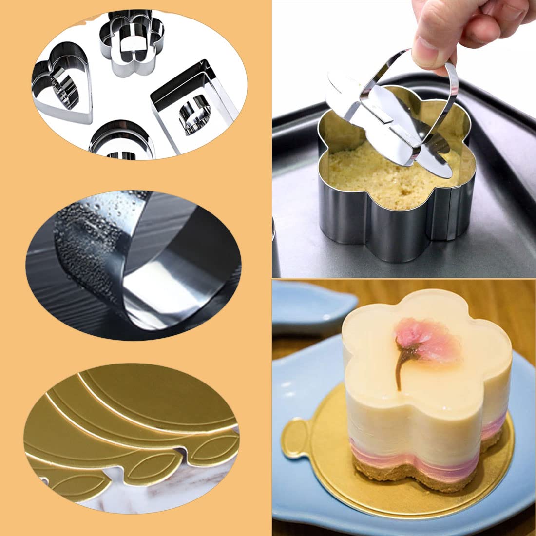 ZGQHZR 4Pcs Dessert Mousse Mold Cake Ring Mold Set Baking Rings Cooking Rings Set,50Pcs Round Golden Dessert Board Base Circle Cardboard Base for Biscuit,Mousse Cake,Chocolate,Fruit,Dessert