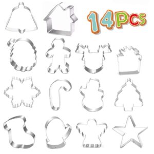 cookie cutters christmas shapes, 14pcs christmas cookie cutters for baking, making muffins,biscuits, sandwiches - snowflake, christmas tree, reindeer, gingerbread boy, snowman, angel, bell, gloves etc