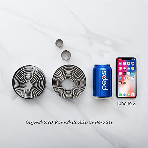 Beyond 280 Round Stainless Steel Big to Small Mini Circle Cookie Cutters for One-Bite Cookies, Cake Decor, Fondant Biscuit (12 Circles)