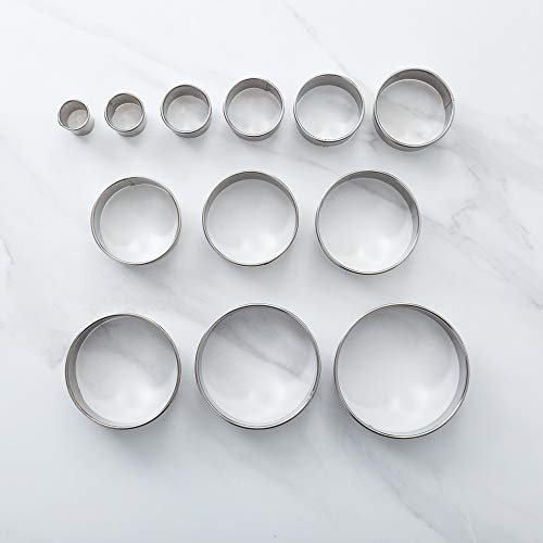 Beyond 280 Round Stainless Steel Big to Small Mini Circle Cookie Cutters for One-Bite Cookies, Cake Decor, Fondant Biscuit (12 Circles)