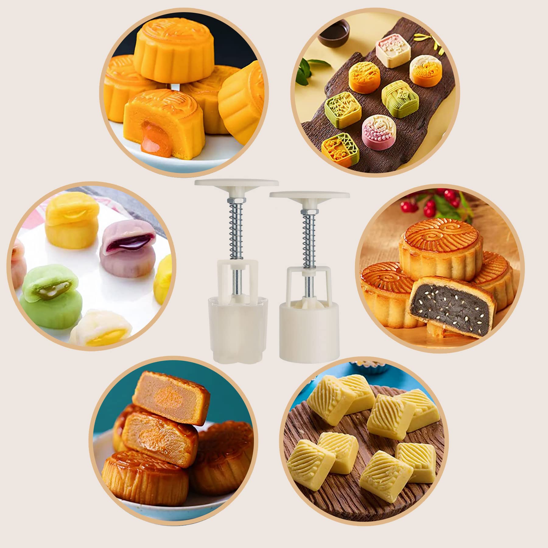 LIUDHPSP Moon Cake Mould Set,Includes 12 pcs Flower pattern base and 2 Pieces Bath Bombs Press,Mid Autumn Festival DIY Hand Press Cookie Stamps Pastry Tool Moon Cake Maker(50g) White (Sakura)