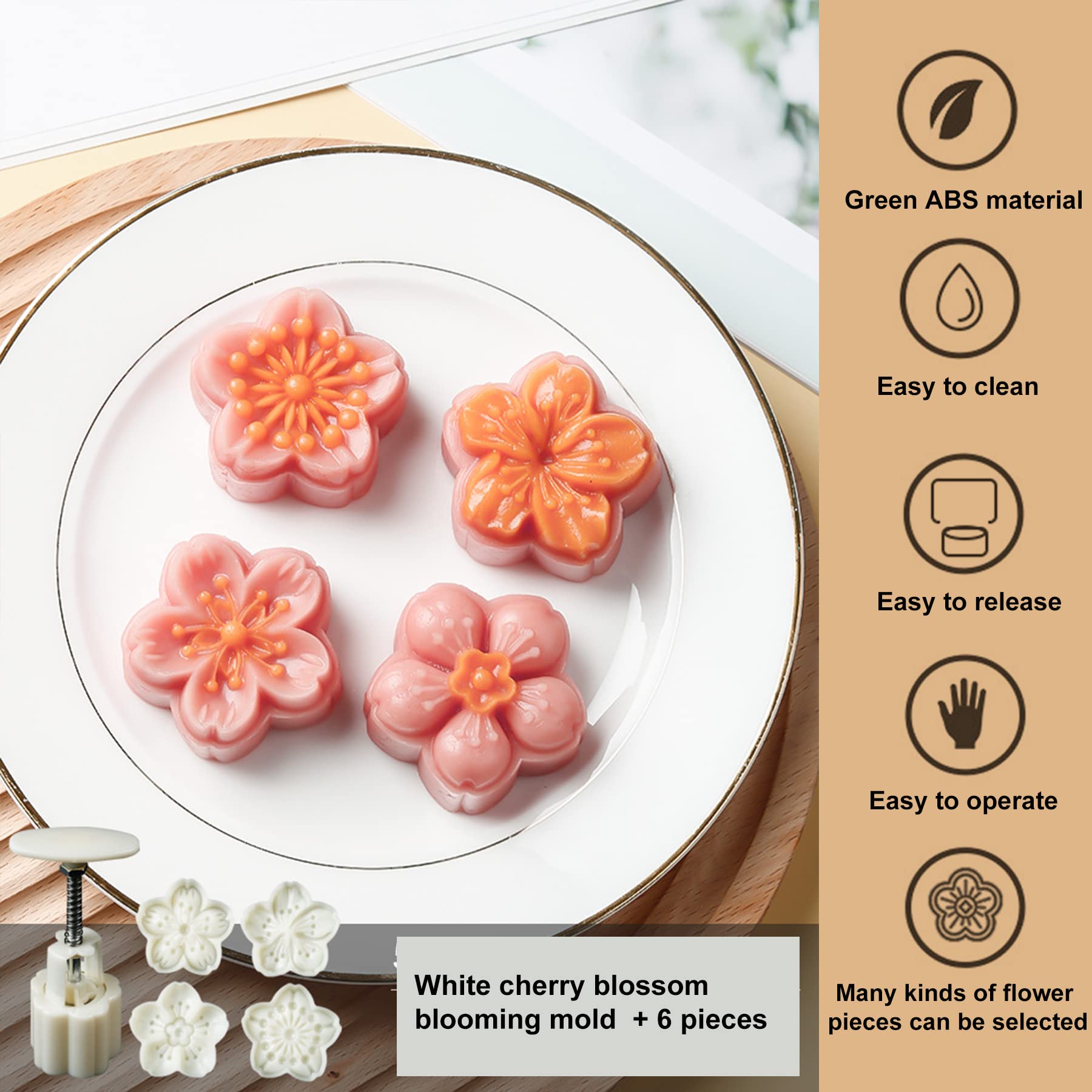 LIUDHPSP Moon Cake Mould Set,Includes 12 pcs Flower pattern base and 2 Pieces Bath Bombs Press,Mid Autumn Festival DIY Hand Press Cookie Stamps Pastry Tool Moon Cake Maker(50g) White (Sakura)